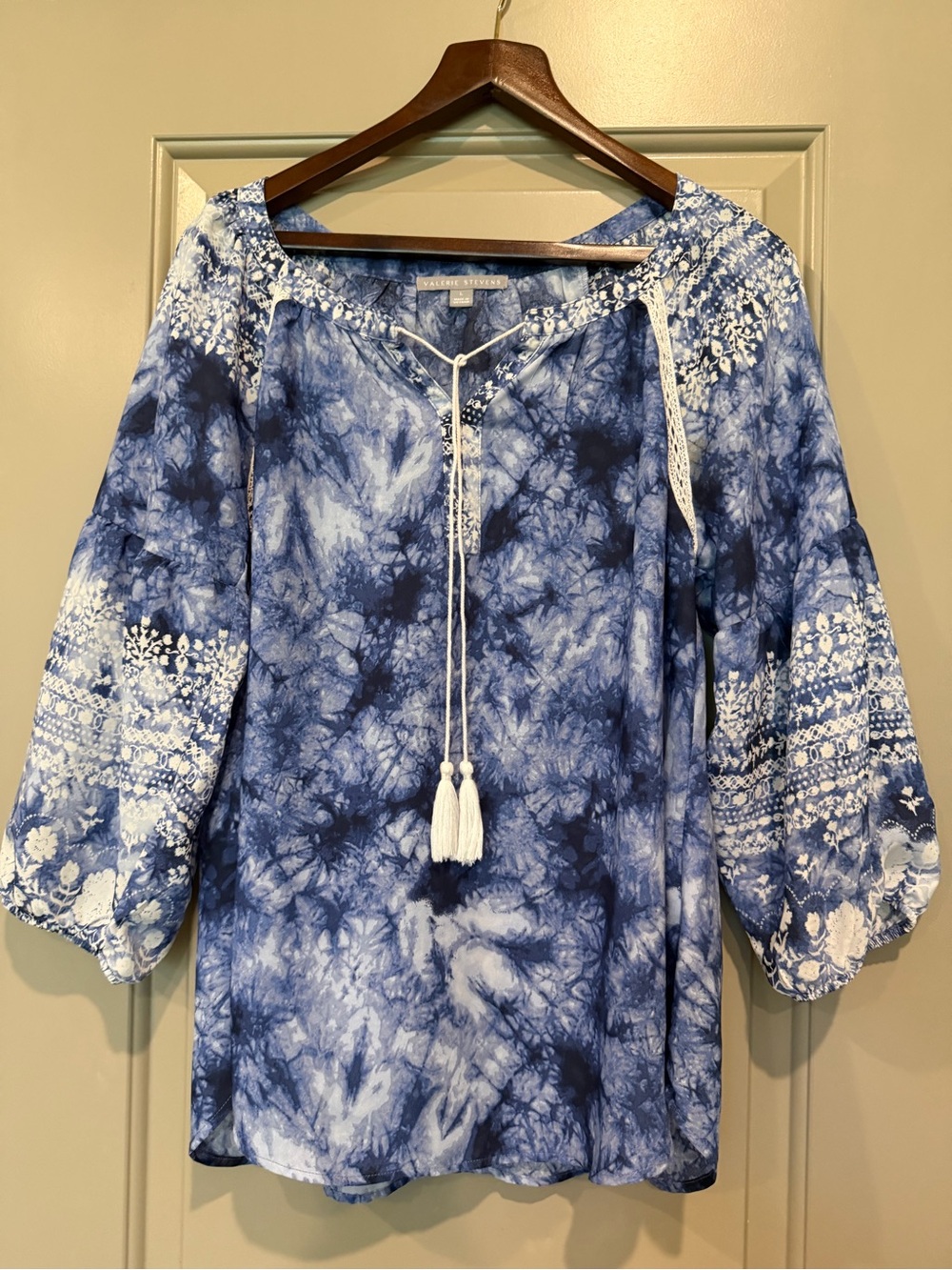 Valerie Stevens Navy and White Tie-Dye Peasant Tunic with Tassel